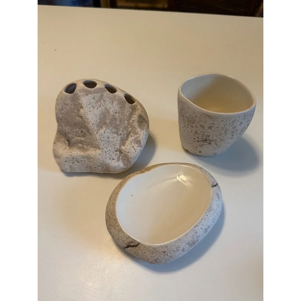 Vintage Ceramic Stone Texture Bathroom Set Toothbrush Holder Soap Dish Tumbler.